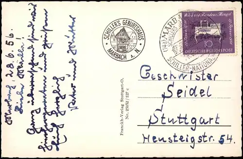 Marbach am Neckar Schiller's Geburtshaus 1956  gel. Schiller Sonderstempel