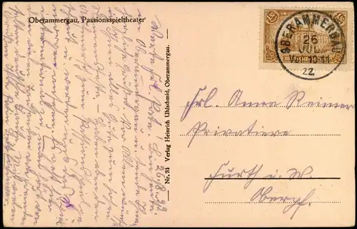 Ansichtskarte Oberammergau Passionstheater 1922  gel. Briefmarke 1,5 Mark