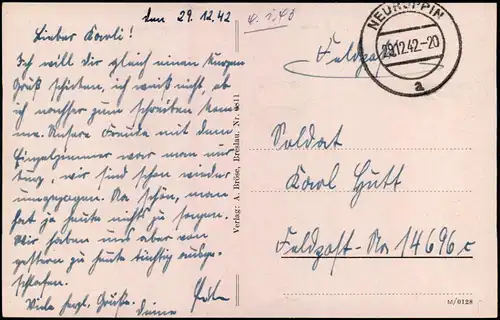 Ansichtskarte Neuruppin Friedrich-Wilhelm-Schule 1942  gel. Feldpost WK2