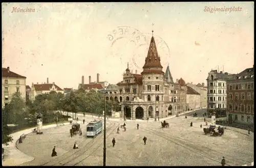 Ansichtskarte München Löwenbräukeller, Stiglmaierplatz 1908 Stempel Schönberg