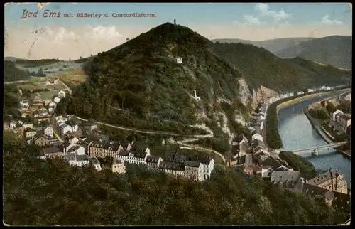 Ansichtskarte Bad Ems Panorama-Ansicht mit Bäderley u. Concordiaturm. 1910