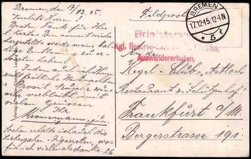 Ansichtskarte Bremen St. Petri-Dom 1915   1. Weltkrieg als Feldpost gelaufen (roter Briefstempel)