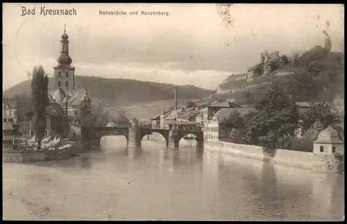 Bad Kreuznach Panorama-Ansicht Nahebrücke und Kauzenberg Kauzenburg 1910/1908