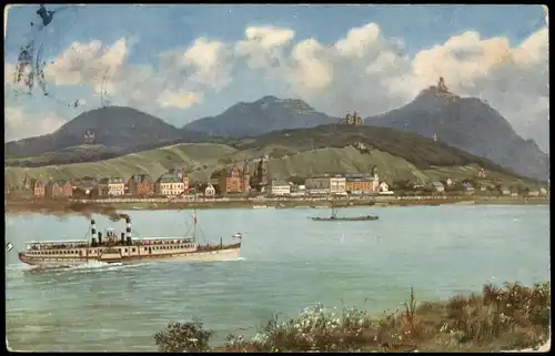 Königswinter Panorama-Ansicht mit Rhein und Rheindampfer, Künstlerkarte 1910