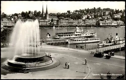 Ansichtskarte Luzern Lucerna Panorama mit Schiffen und Wagenbachbrunnen 1950