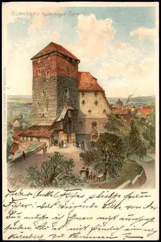 Ansichtskarte Nürnberg Fünfeckiger Turm, Künstlerkarte 1909