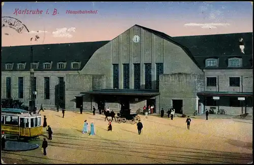 Ansichtskarte Karlsruhe Bahnhof Hauptbahnhof Straßenbahn 1915  Feldpoststempel