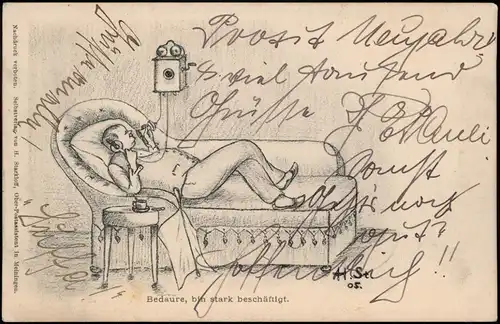 Ansichtskarte  Bedaure, bih stark beschäftigt. Scherzkarte 1905