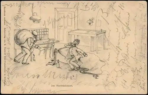 Ansichtskarte  Scherzkarte Im Nachtdienst. Künstlerkarte 1905