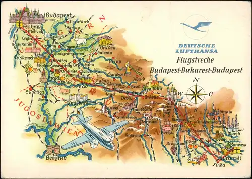 Ansichtskarte  Deutsche Lufthansa DDR - Strecke Budapest Bukarest 2 1961