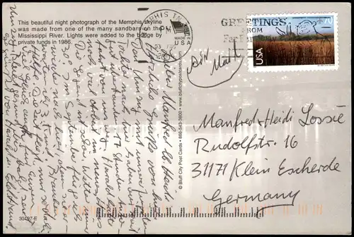 Postcard Memphis Night photograph of the Memphis with skyline 2001