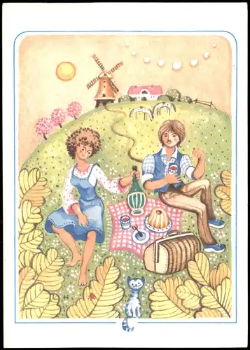Herzliche Pfingstgrüße (DDR Karte) Paar beim Picknick im Grünen 1981