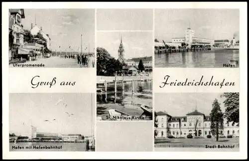 Friedrichshafen Uferpromenade Hafen mit Hafenbahnhof St. Nikolaus Kirche 1952
