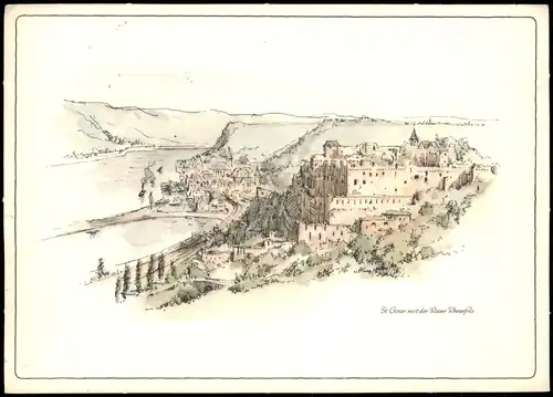 Sankt Goar Panorama-Ansicht mit der Ruine Rheinfels (Künstlerkarte) 1958