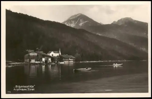 Ansichtskarte Achental Hotel "Scholastica" (Achensee) Motorboot 1932