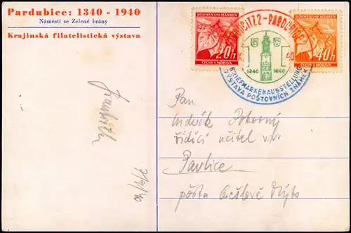 Pardubitz Pardubice Náměstí se Zelené brá 1940  gel. Rot-Blauer Sonderstempel