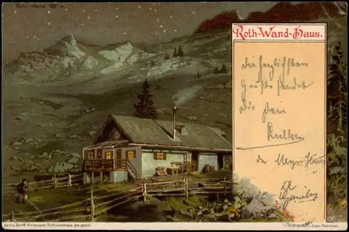 Schliersee Roth Wand Rothwandhaus 1885 m bei Nacht Künstlerkarte 1900