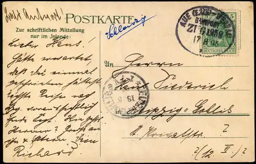 Ansichtskarte Aue (Erzgebirge) König Friedrich August-Warte 1905  gel. Bahnpoststempel Aue - Werdau