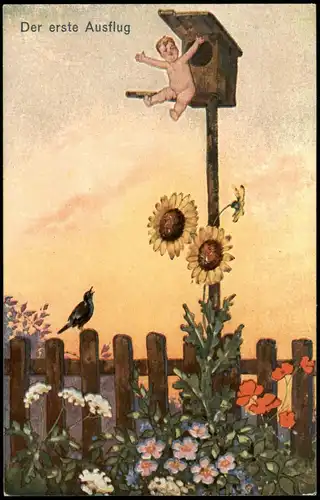 Ansichtskarte  Künstlerkarte: Der erste Ausflug (Baby am Vogelhaus) 1910