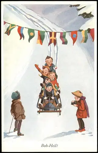 Ansichtskarte  Künstlerkarte: Bob-Heil! Kinder im Winter beim Rodeln 1910