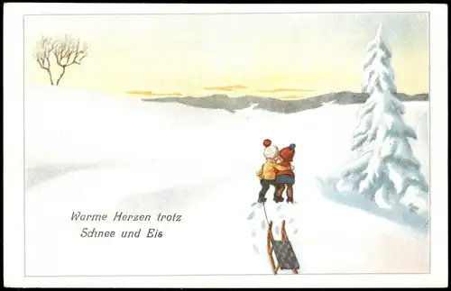 Kinder mit Schlitten, Warme Herzen trotz Schnee und Eis Künstlerkarte 1910