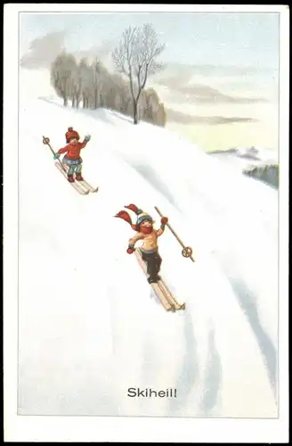 Künstlerkarte: Ski-Heil, Kinder im Winter beim Ski-Fahren 1910