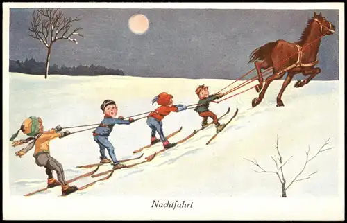 Ansichtskarte  Künstlerkarte: Nachtfahrt (Kinder auf Ski mit Zug-Pferd) 1910