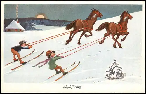 Künstlerkarte "Skykjöring" (Kinder aus Ski werden von Pferden gezogen) 1910