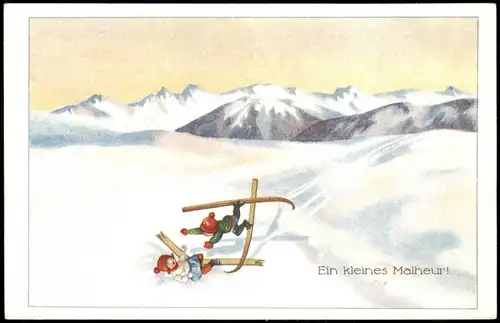 Künstlerkarte Ein kleines Malheur! Kinder auf Ski (verunglückt) 1910