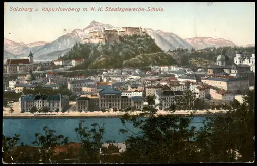 Salzburg Panorama v. Kapuzinerberg mit K. K. Staatsgewerbe-Schule 1910