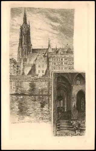 Ansichtskarte Frankfurt am Main Dom gezeichnet, Signierte Künstlerkarte 1900