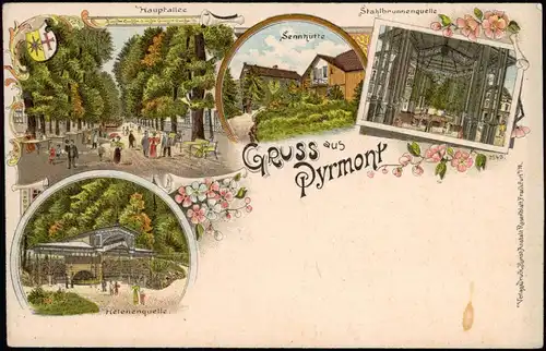 Bad Pyrmont Gruss aus... Hauptallee, Sennhütte, Helenenquelle 1899