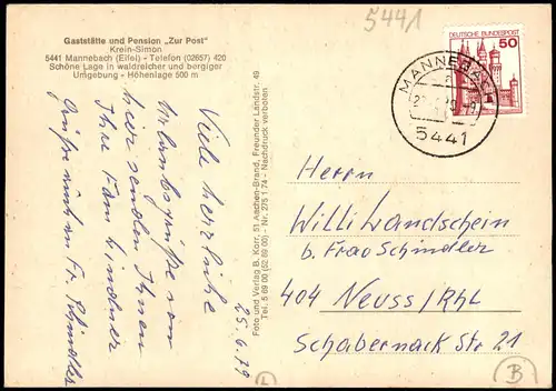 Mannebach bei Saarburg Gasthaus und Pension,, Zur Post" - MB 1969