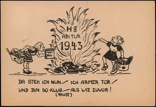 Studentika Schule Abitur Scherzkarte Zeitgeschichte 1943 gel. Stempel Karlsruhe
