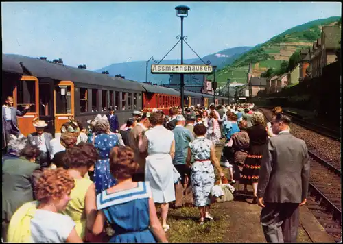 Rüdesheim (Rhein) Sonntagsausflugszüge hoher Fahrpreisermäßigung Bahnhof 1969