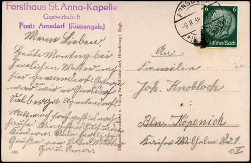 Postcard Arnsdorf (Riesengebirge) Miłków Kapelle - 2 Bild 1938