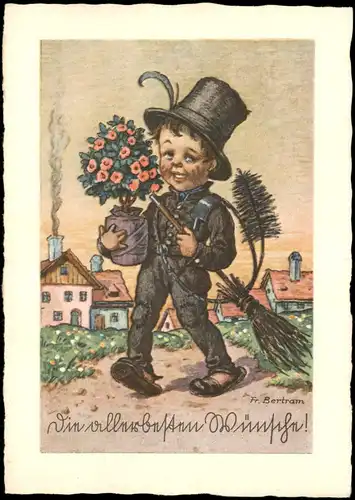 Künstlerkarte Fr. Bertram: Schornsteinfeger als Glücksbringer 1930