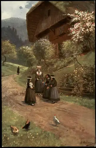 St. Georgen (Schwarzwald) Nach dem Kirchgang - Künstlerkarte 1912