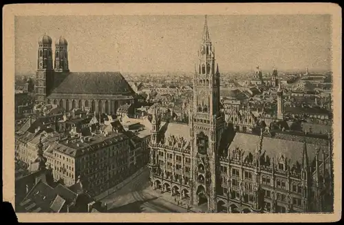 München Panorama-Ansicht Blick mit Frauenkirche und Neuem Rathaus. 1930