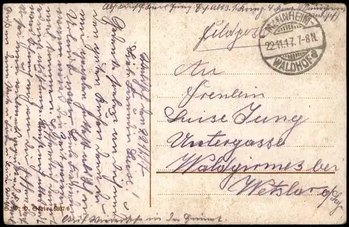 Liebe Liebespaare Love Frau Zuneigung 1917   Feldpoststempel Waldhof Mannheim