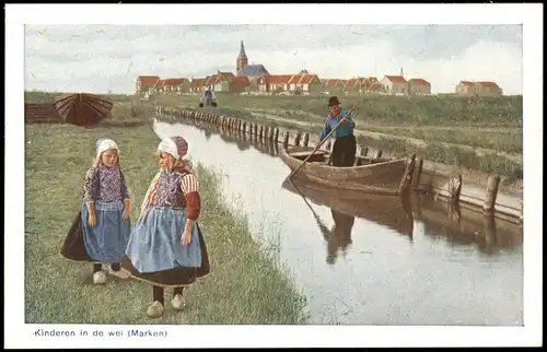 Postkaart Marken-Waterland Kinderen in de wei (Marken) 1940