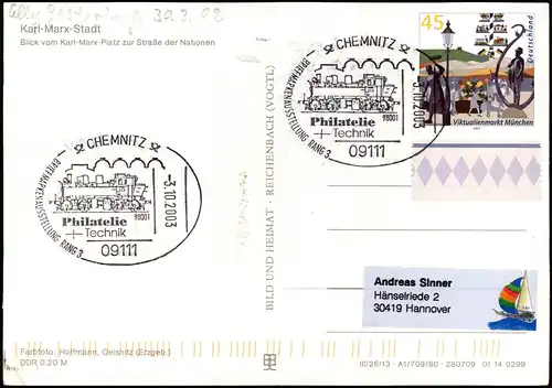 Wittgensdorf-Chemnitz Karl-Marx-Platz Philatelie+Technik Sonderstempel
 2003