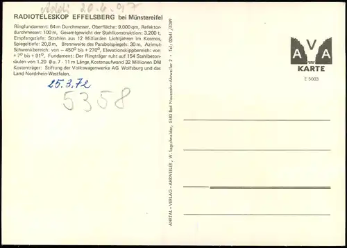 Ansichtskarte Münstereifel RADIOTELESKOP EFFELSBERG bei Münstereifel 1972