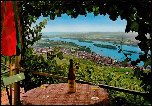 Rüdesheim (Rhein) Panorama-Ansicht vom gedeckten Tisch aus (Wein Motive) 1965