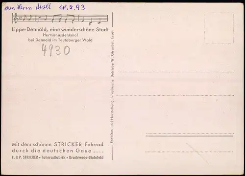 Hiddesen-Detmold Hermannsdenkmal, Fahrrad-Werbung Stricker Fahrrad 1954