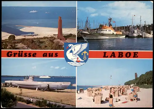 Laboe Mehrbildkarte mit Hafen, Marine-Denkmal, U-Boot, Strand 1980