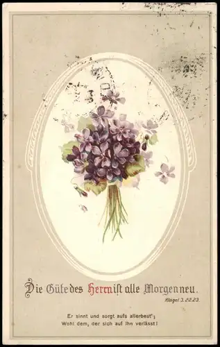 Künstlerkarte Motiv Blumen Blumenstrauß mit religiösem Spruch 1913