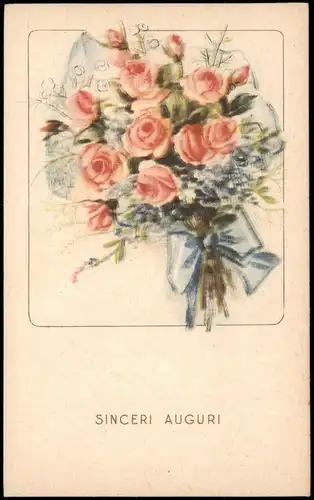 Künstlerkarte aus Italien: Motiv Rosen Blumen Strauß "SINCERI AUGURI" 1930