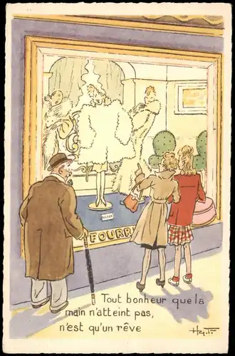 Ansichtskarte  Künstlerkarte Frauen vor Schaufenster Alter Mann 1962