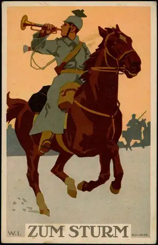 Künstlerkarte - Militär: "Zum Sturm" Trompeter zu Pferde 1910